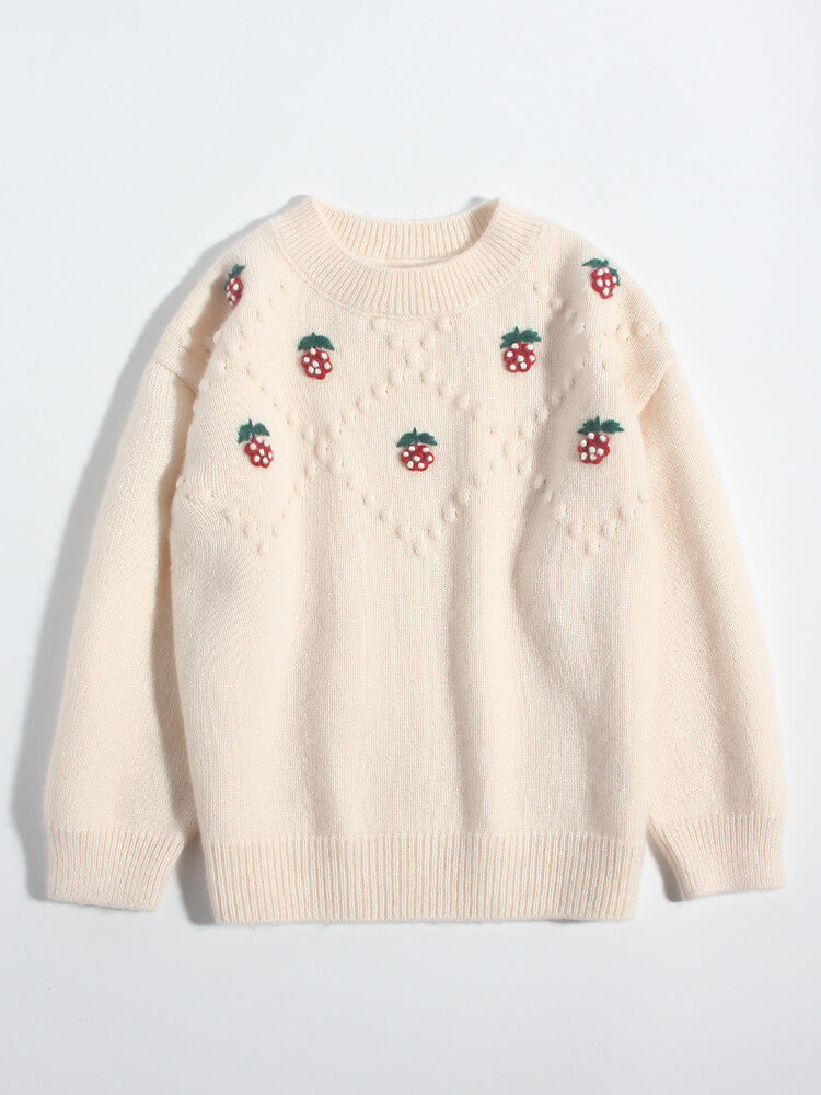 Soft Cream Strawberry Embroidery Cashmere Sweater for Girls